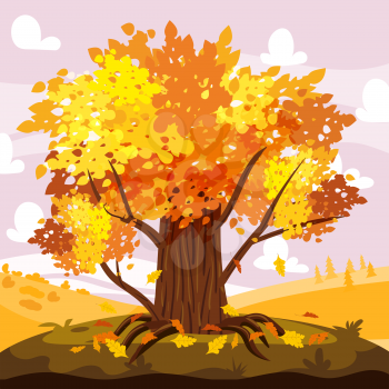 Autumn Oak tree landscape, city park. Fall, trees in yellow orange foliage, panorama, horizon. Vector background illustration, poster isolated