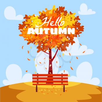 Hello Autumn landscape, city park. Fall, trees in yellow orange foliage, alley, path, bench. Vector background illustration, poster isolated