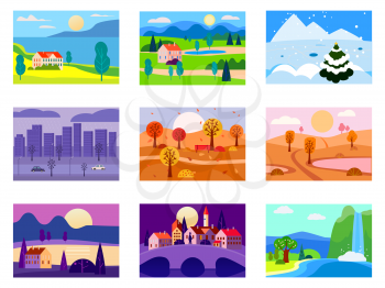 Collection of seasons landscapes winter, spring, summer, autumn. Rural, mountaines, field, city, sea, snow, hot, rain, night. Vector minimalistic flat illustration isolated