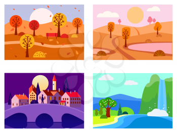 Collection of seasons landscapes spring, summer, autumn. Rural, mountaines, field, city, sea, snow, hot, rain, night. Vector minimalistic flat illustration isolated