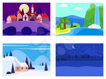 Set of seasons landscapes winter, spring, summer, autumn. Rural, mountaines, field, city, sea, snow, hot, rain, night. Vector minimalistic flat illustration isolated