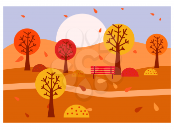 Autumn landscape. Trees with colorful yellow leaves. Autumn trees and bushes park, forest. Vector illustration flat style minimal isolated