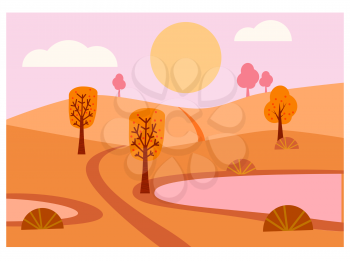 Autumn landscape. Trees with colorful yellow leaves. Autumn trees and bushes park, forest, pond. Vector illustration flat style minimal isolated