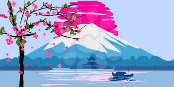 Fuji Mountain sunrise landscape Japan panorama. Cherry blossom tree spring, Lake, sun, boat Asian temple
