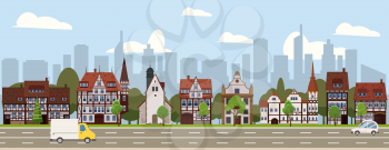 City landscape seamless horizontal illustration. Cityscape skyscrappers, suburban houses, downtown. Vector cartoon style isolated