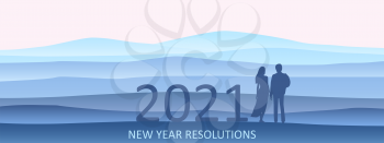 New Year Resolutions 2021. Young couple are looking at the new goals in scenic Landscape hills mountaine valley silhouette panorama horizon minimal style. Vector minimalist