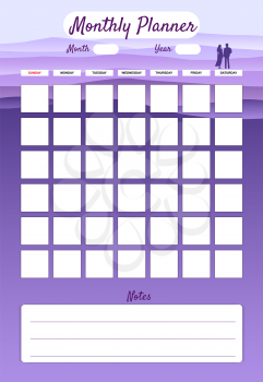 Monthly Planner template vector. Minimal landscape with couple background, notes. Business notebook management, organizer. Isolated illustration