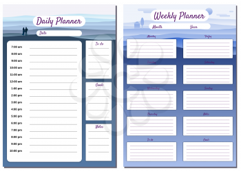 Weekly, Daily Planner template vector. Minimal landscape with couple background, To Do list, goals, notes. Business notebook management, organizer. Isolated illustration
