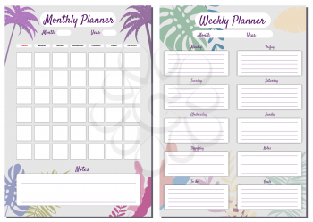 Monthly, Weekly, Planner Set template vector. Palms floral decoration background, notes. Business notebook management, organizer. Isolated illustration