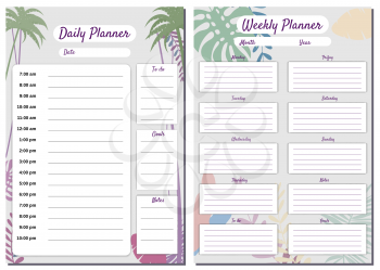 Weekly, Daily Planner Set template vector. Palms floral decoration background, timetable, To Do list, goals, notes. Business notebook management, organizer. Isolated illustration