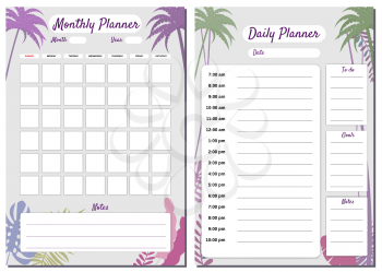 Monthly, Daily Planner Set template vector. Palms floral decoration background, schedule, To Do list, goals, notes. Business notebook management, organizer. Isolated illustration