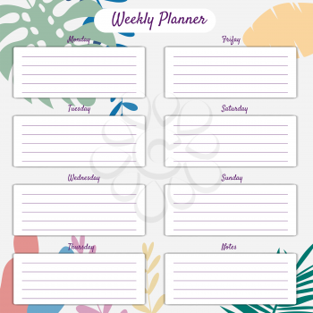 Weekly Planner template vector. Palms floral decoration background. Business notebook management, organizer. Isolated illustration