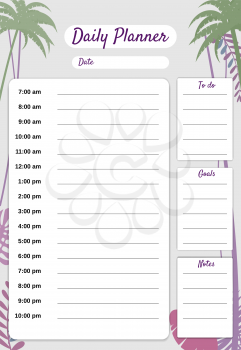 Daily Planner template vector. Palms floral decoration background, To Do list, goals, notes. Business notebook management, organizer. Isolated illustration