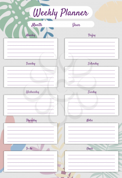Weekly Planner template vector. Palms floral decoration background, To Do list, goals. Business notebook management, organizer. Isolated illustration