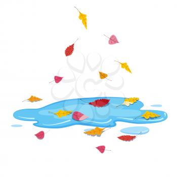 Autumn puddle with falling colorful leaves. Vector illustration isolated