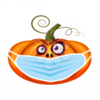 Halloween Pumpkin wearing medical face mask from coronavirus during quarantine, symbol autumn holiday All Saints Day. Vector illustration