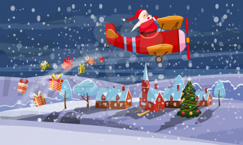 Santa Claus flying on retro airplane delivering gifts in the night sky