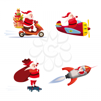 Set of Santa Claus of different types of transport vehicles, moped, plane, rocket, drone
