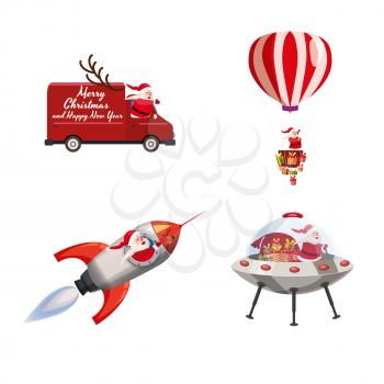 Set of Santa Claus of different types of transport vehicles truck, rocket, balloon, UFO