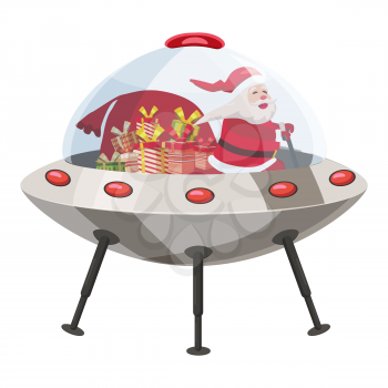 Santa Claus flying in UFO spaceship flying saucer with gift boxes