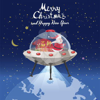 Merry Christmas Santa Claus flying in UFO spaceship flying saucer with gift boxes in space Earh night