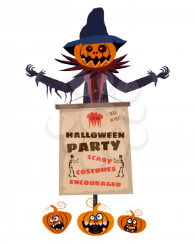 Scarecrow character Halloween with a Jack O Lantern head pumpkin in ripped coat with Happy Halloween poster. Isolated on white background