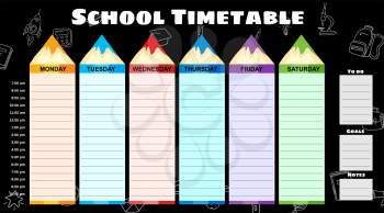 School Timetable weekly, hand drawn sketch icons of school supplies, pencils on blackboard. Vector template schedule, cartoon style illustartion