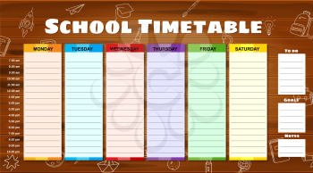 School Timetable weekly, hand drawn sketch icons of school supplies, pencils on woodboard. Vector template schedule, cartoon style illustartion