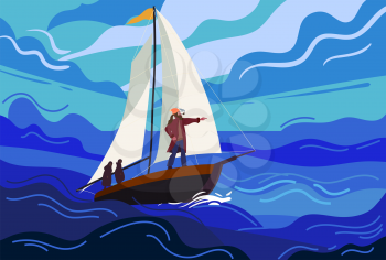 Ship sailboat during a storm with a brave captain sails towards fate. Seascape, ocean, storm, rain, huge waves, dark sky. Vector illustration