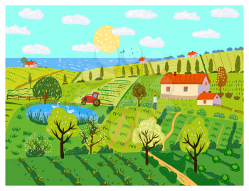 Spring rural landscape farm house, green fields, hills, blooming trees. Countryside panoramic nature, barn, tractor, farmer. flowers Vector doodle