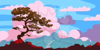Sunset tree silhouette on a cliff, clouds after rain. Landscape evening panorama horizon, color, distance. Vector illustration