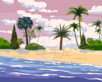 Beach tropical island, palms and plants. Coast exotic ocean sea, resort seaside summertime view. Vector illustration cartoon style