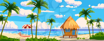 Tropical resort wooden Bungalow for rest, vacation. Modern architecture with exotic palms, sea, ocean, island, beach coastline. Seaview summer landscape. Vector illustration cartoon style isolated