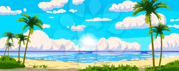 Tropical resort landscape panorama. Sea shore beach, exotic palms, coastline, clouds, sky, summer vacation. Vector illustration cartoon style isolated