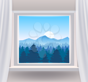 Open window interior home with a forest landscape view nature. Country mountains landscape from view the window of trees panorama. Vector illustration flat cartoon style