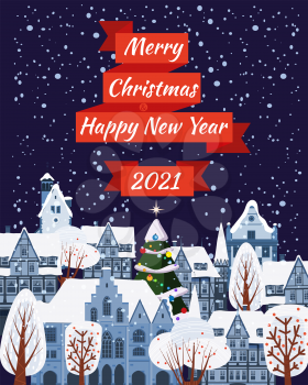 Merry Christmas and Happy New Year poster, winter old town cityscape. Urban landscape greeting card. Vector illustration cartoon flat style isolated