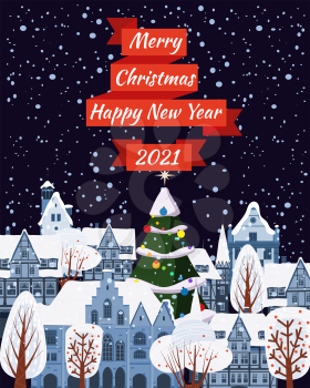 Merry Christmas and Happy New Year poster, winter old town cityscape. Urban landscape greeting card. Vector illustration cartoon flat style isolated