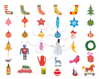 Set Christmas balls, robot, car, horse, deer wooden toys retro, vintage. Vector collection cartoon flat style isolated