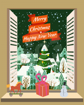 Merry Christmas window living room, interior holiday. House room decorated christmas tree retro toys, winter old town cityscape view. Vector illustration cartoon vintage style isolated