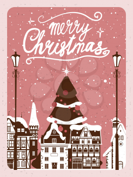 Retro poster Merry Christmas, winter Europe old town cityscape, Christmas tree. Urban landscape greeting card. Vector illustration cartoon retro style isolated