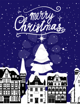 Retro poster Merry Christmas, winter Europe old town cityscape, Christmas tree. Urban landscape greeting card. Vector illustration cartoon retro style isolated