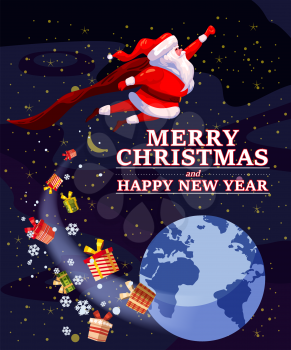 Santa Claus funny as Superhero wearing cape flying in space above Earth giving out gift boxes. Merry Christmas poster background cartoon style illustration isolated