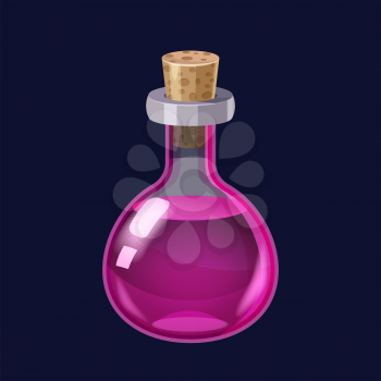 Bottle with liquid purple potion magic elixir game icon GUI. Vector illstration for app games user interface
