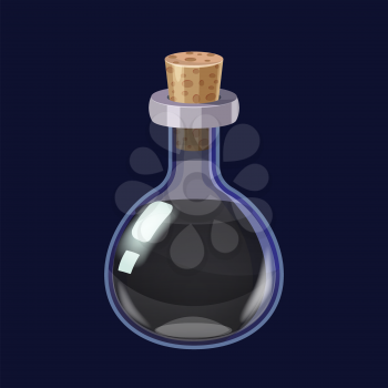 Bottle with liquid black potion magic elixir game icon GUI. Vector illstration for app games user interface