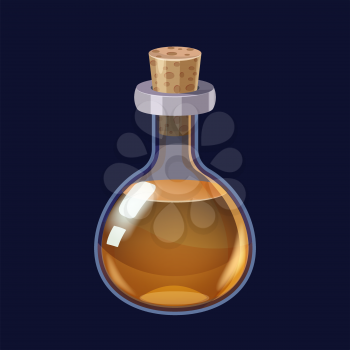 Bottle with liquid orange potion magic elixir game icon GUI. Vector illstration for app games user interface