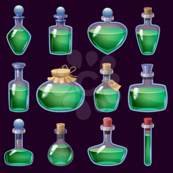 Set of Bottles liquid potion magic elixir colorful . Game icon GUI for app games user interface. Vector illstration