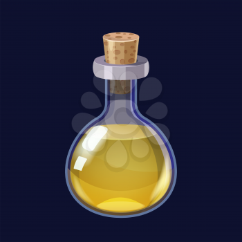 Bottle with liquid yellow potion magic elixir game icon GUI. Vector illstration for app games user interface