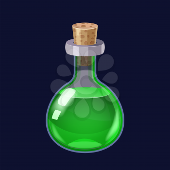 Bottle with liquid green potion magic elixir game icon GUI. Vector illstration for app games user interface