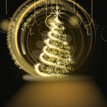 Christmas tree gold lights dust decoration, golden blurred magic glow on dark background. Merry Christmas holiday celebration. Vector illustration banner greeting card isolated