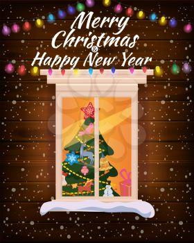 Merry Chrismas window, night, decoraions garland retro, living room christmas tree. Xmas and new Year holiday celebration. Vector illustration flat cartoon style isolated